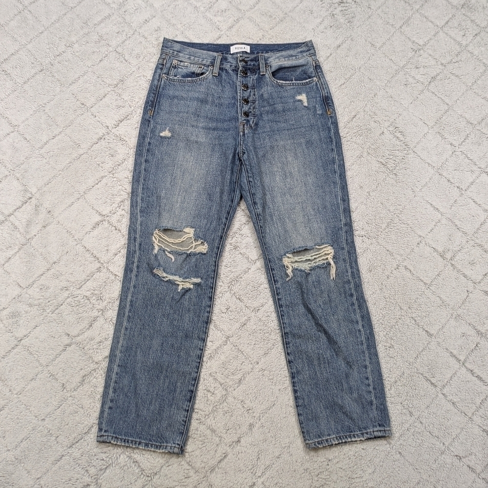 Pistola Jeans Womens 27 Blue Medium Wash Distress Straight Hi-Rise Button Fly